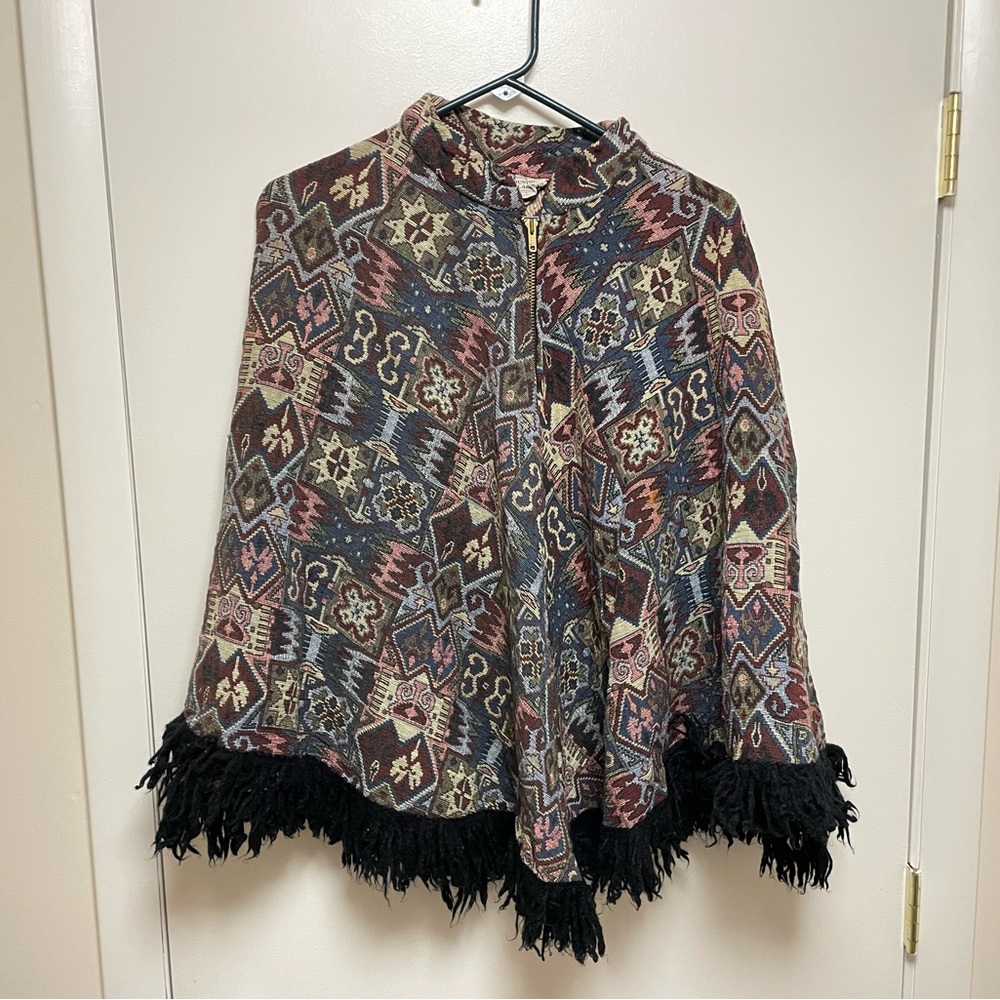 Vintage 80s 90s Country Place Tapestry Cape Womens M/L Poncho Thick Multicolor